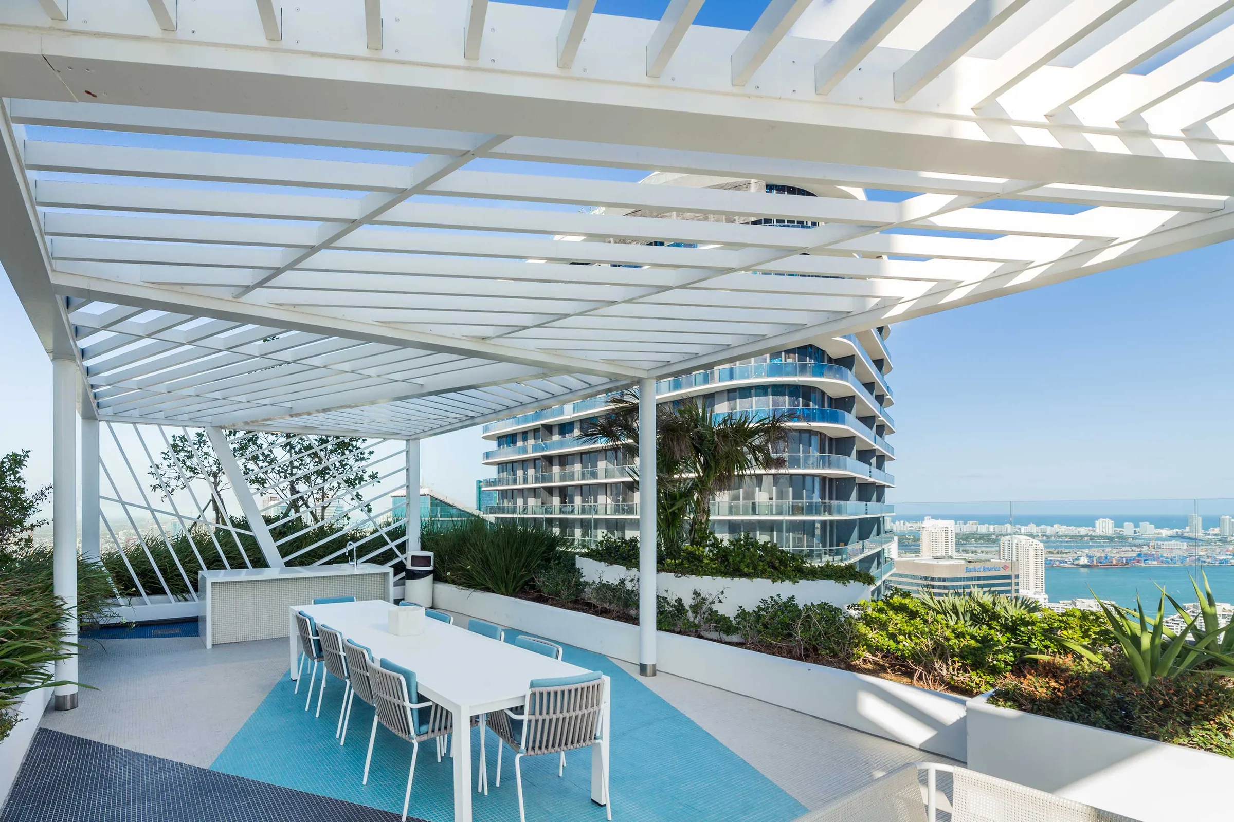 A rooftop sunshade system over a pool