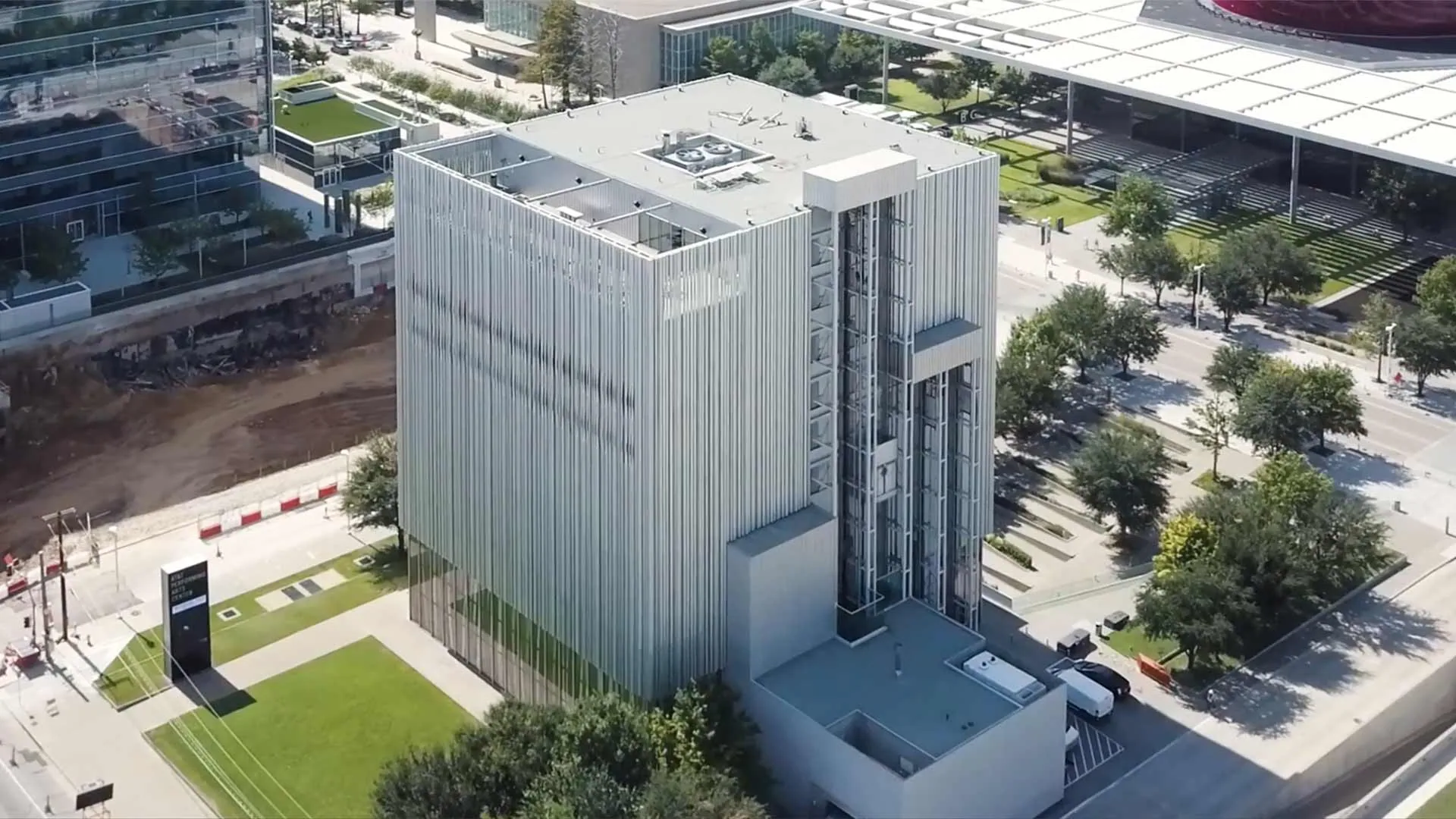 The Wyly Theatre’s tube façade from above