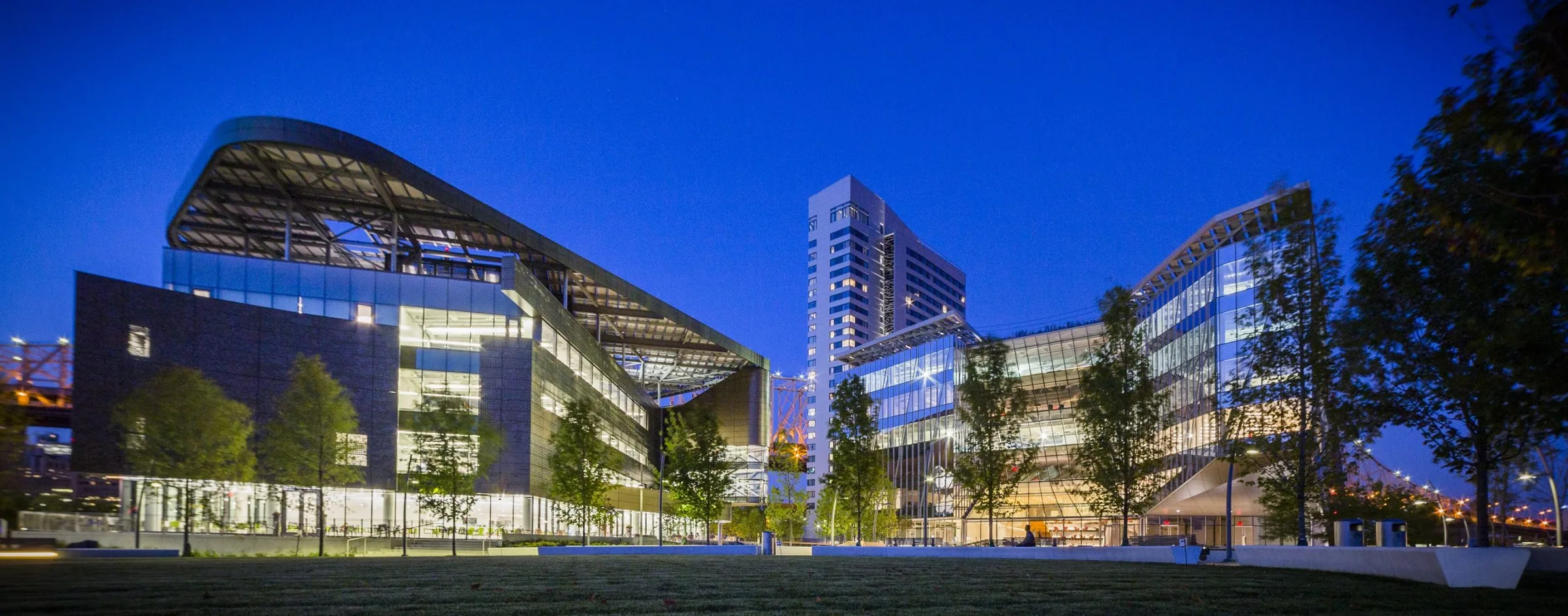 Cornell Tech’s campus lit up at blue hour