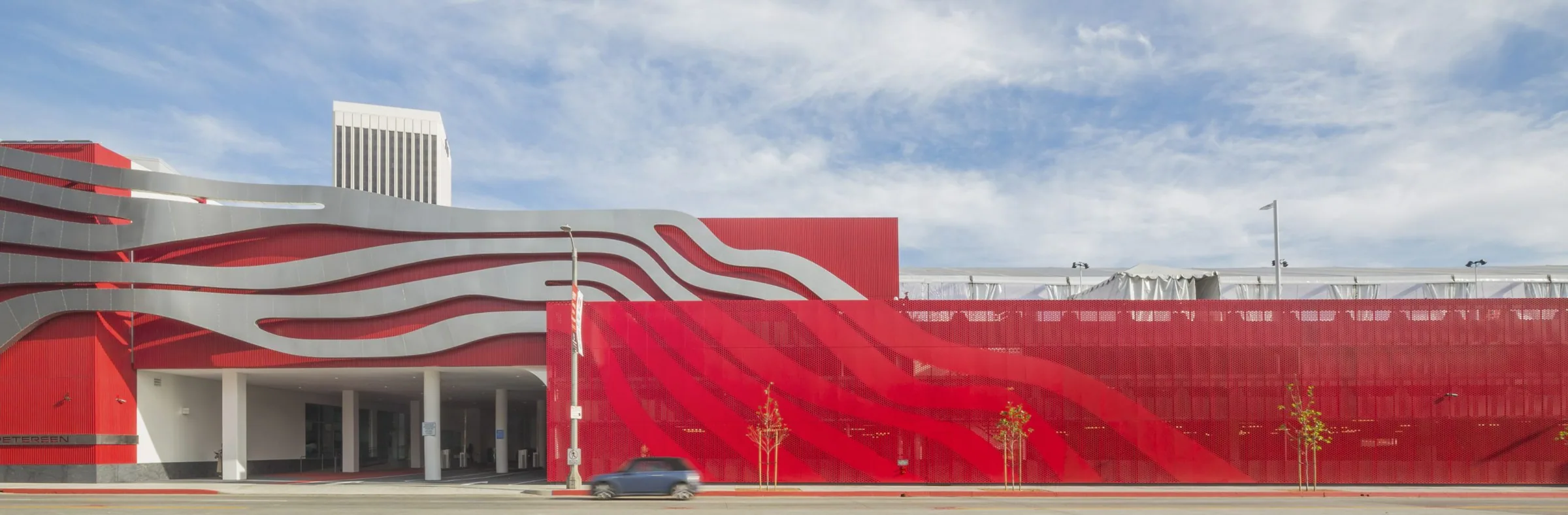 The red and steel ribbons of the Petersen Automotive Museum