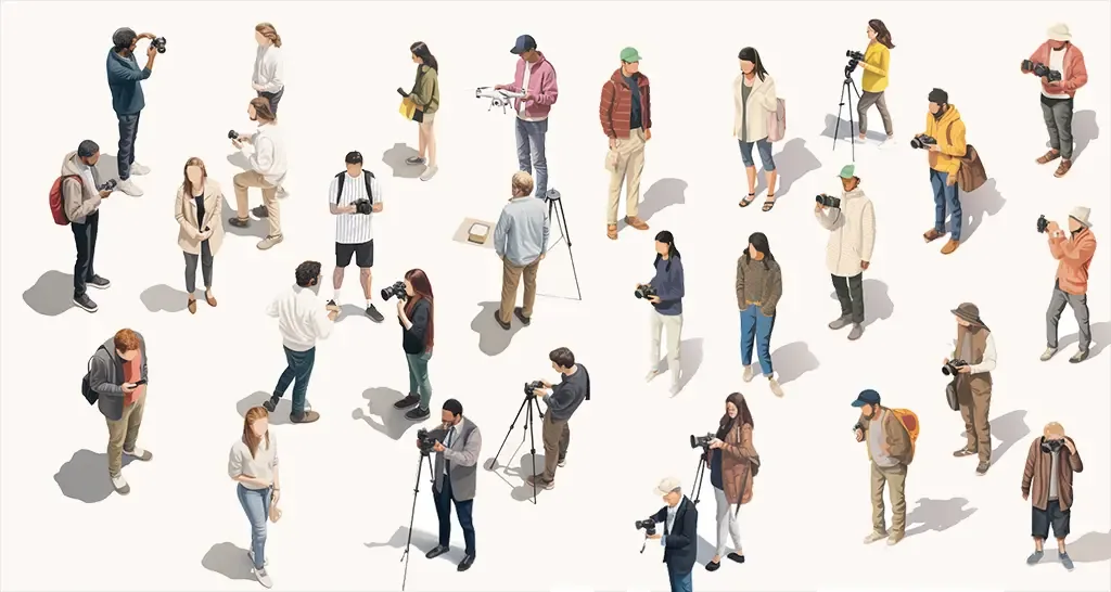 Illustrated photographers with cameras and tripods