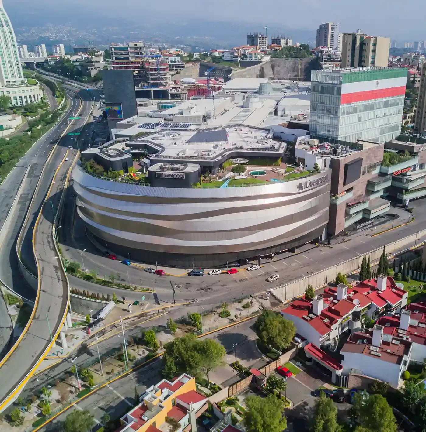 An aerial view of a ring-shaped building