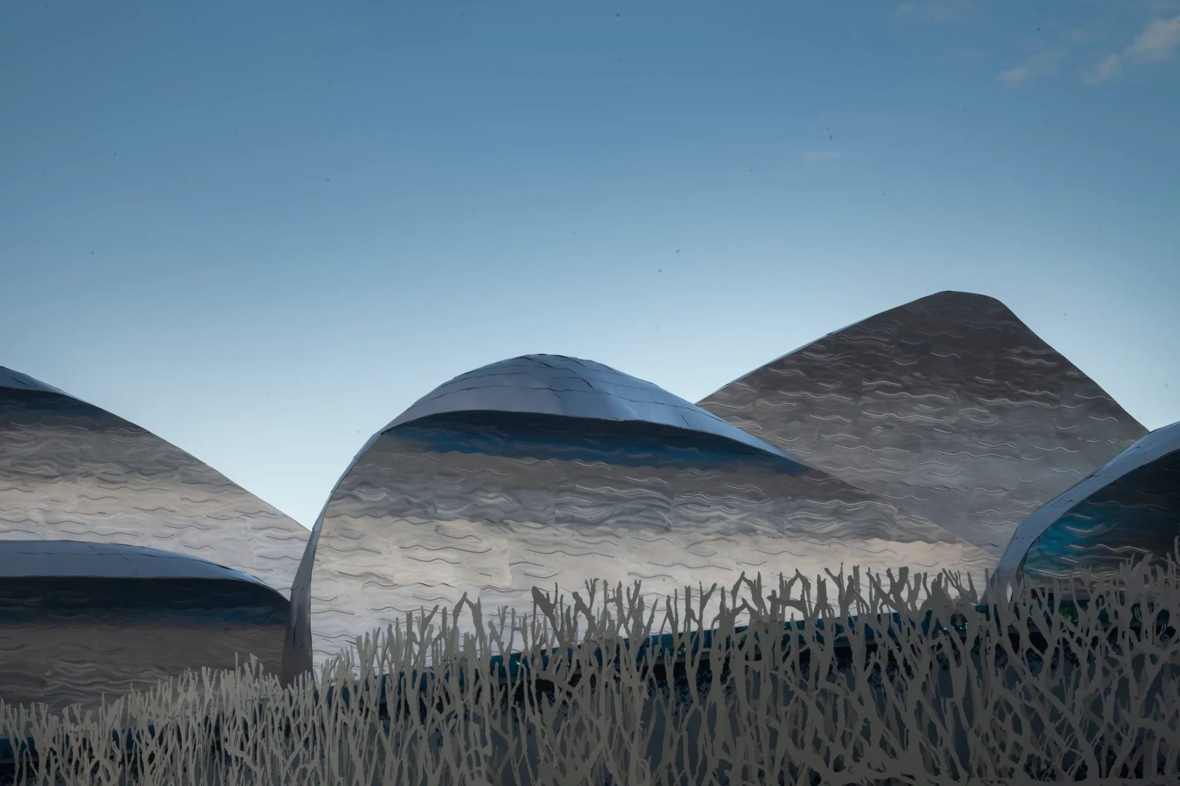 The stainless steel waves on the roof against the evening sky
