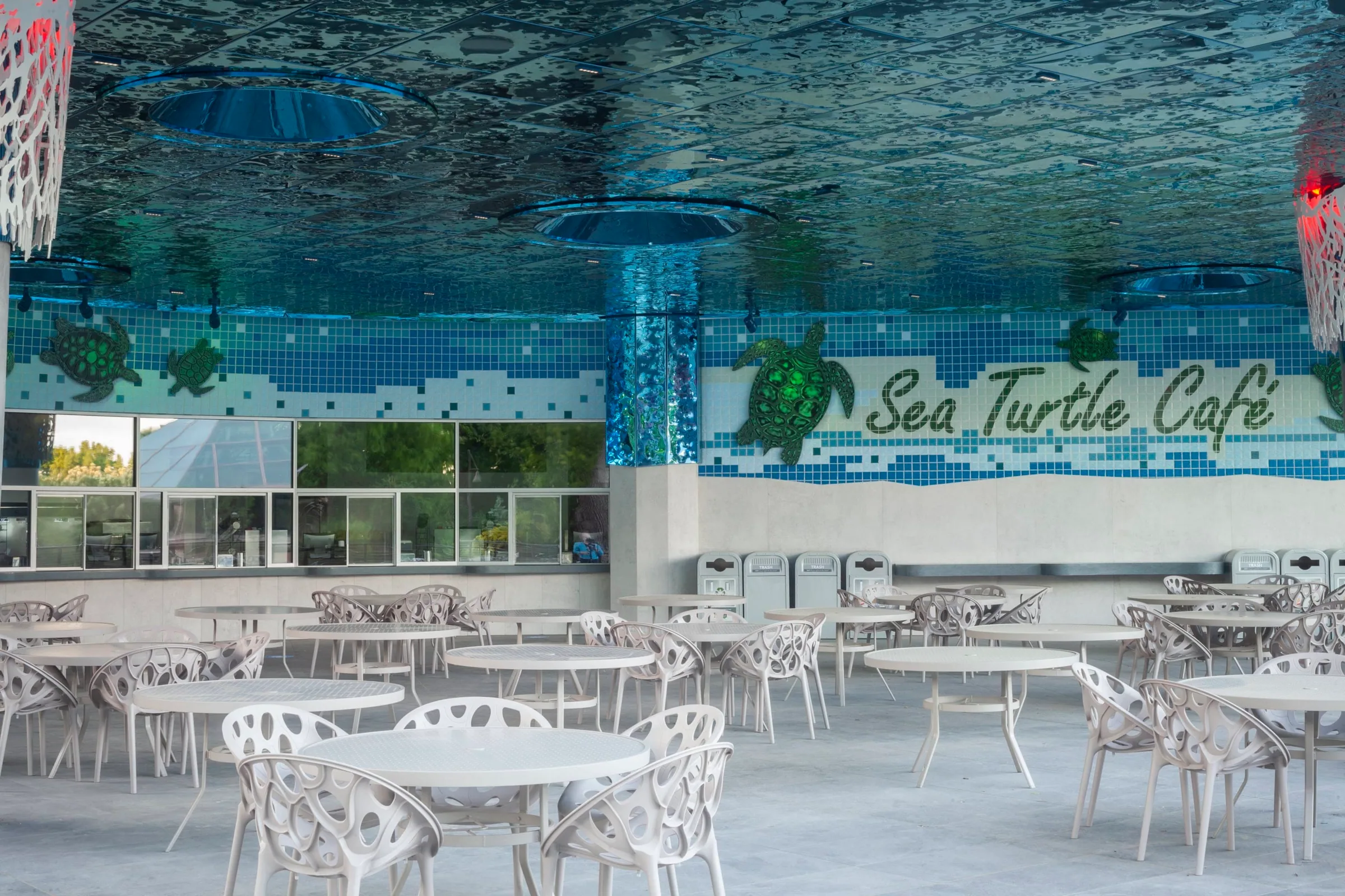 The Sea Turtle Cafe sign and seating