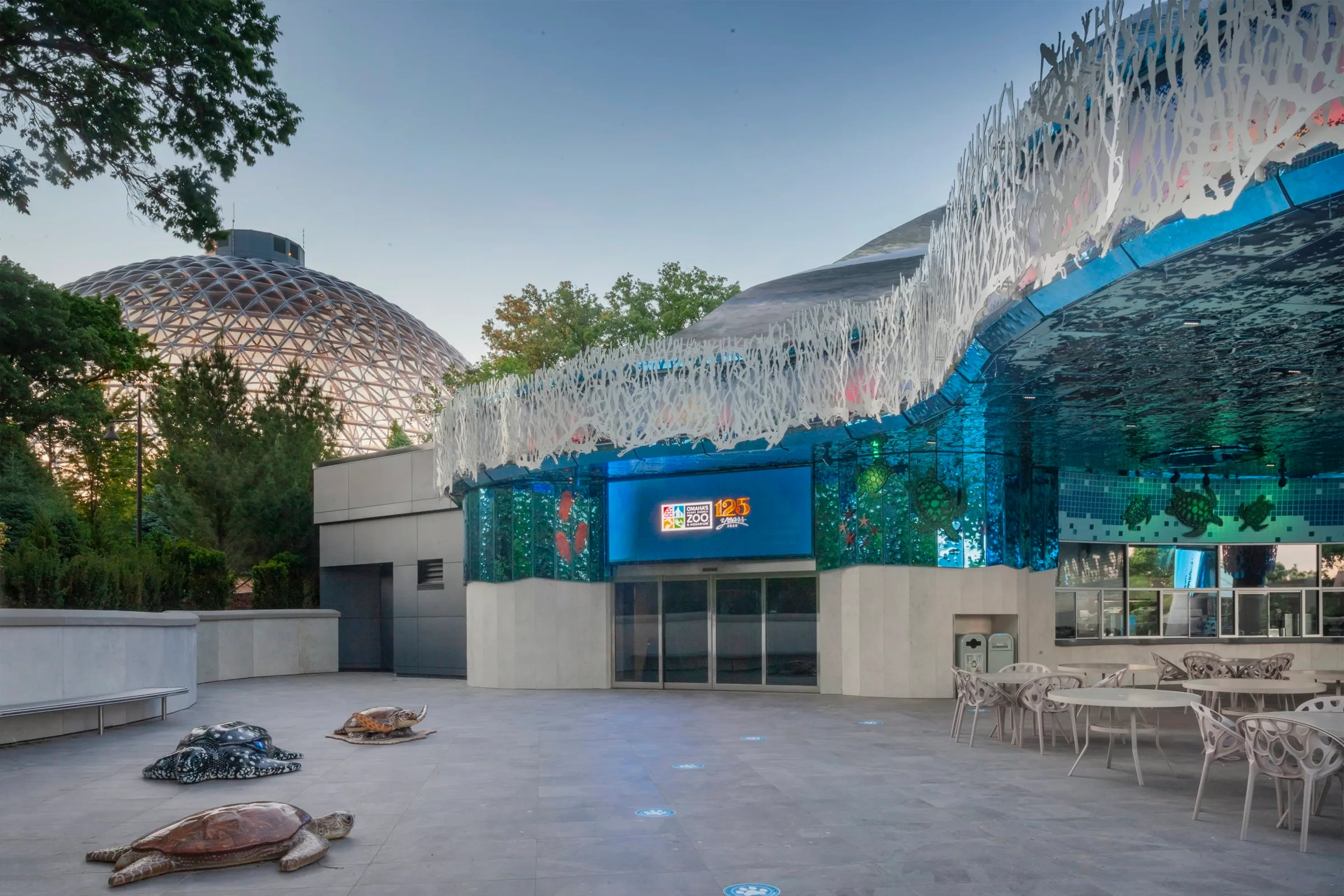 The cafe plaza beneath the wave canopy