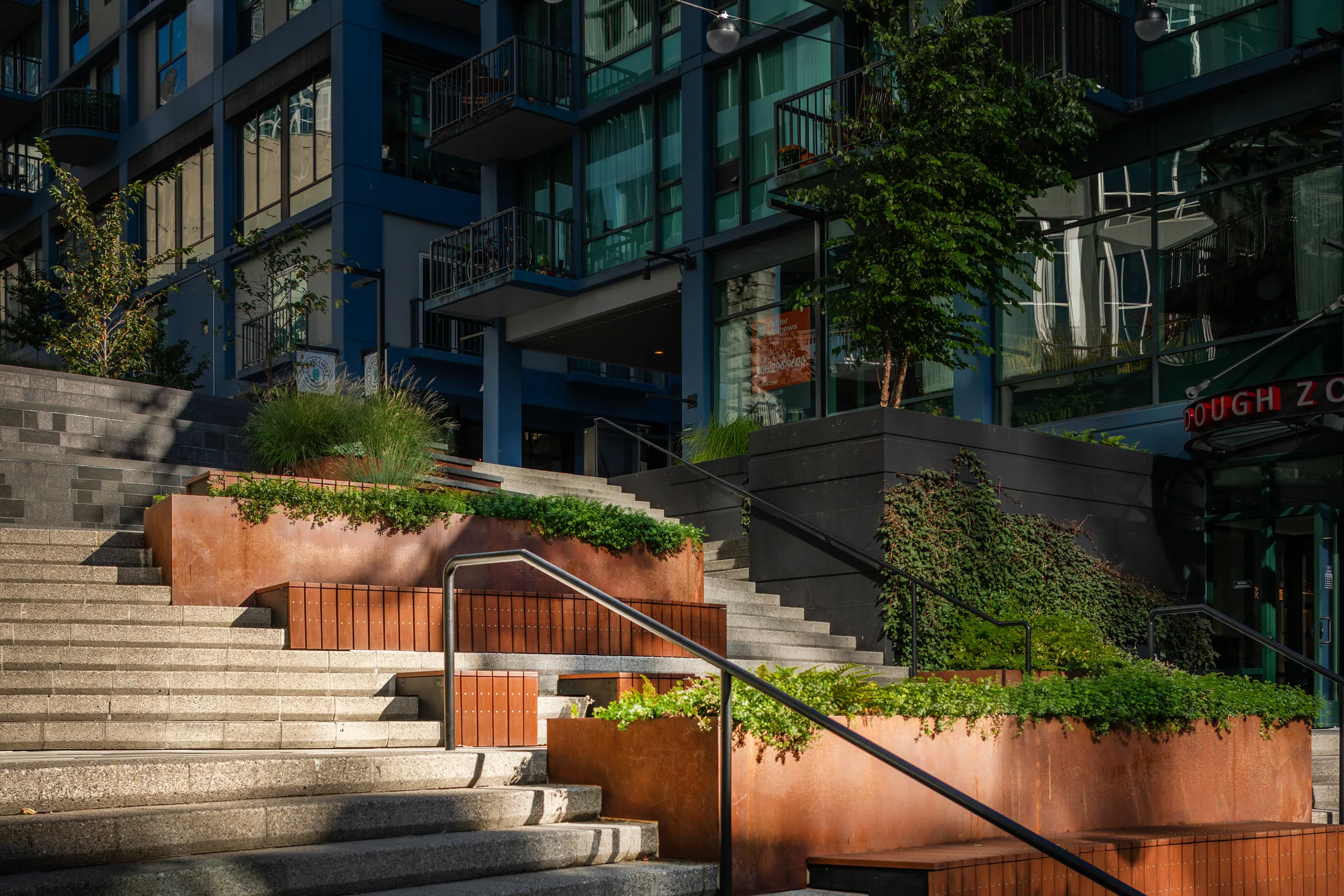 Terraced planters running up the steps