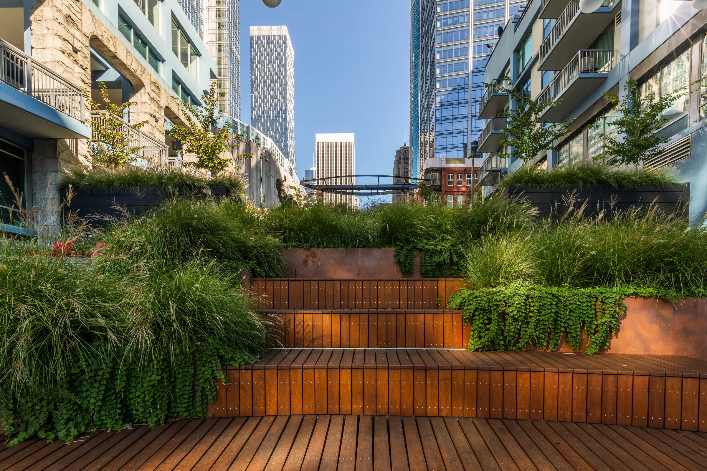 Wood seating in a steel frame, planted terraces and towers behind