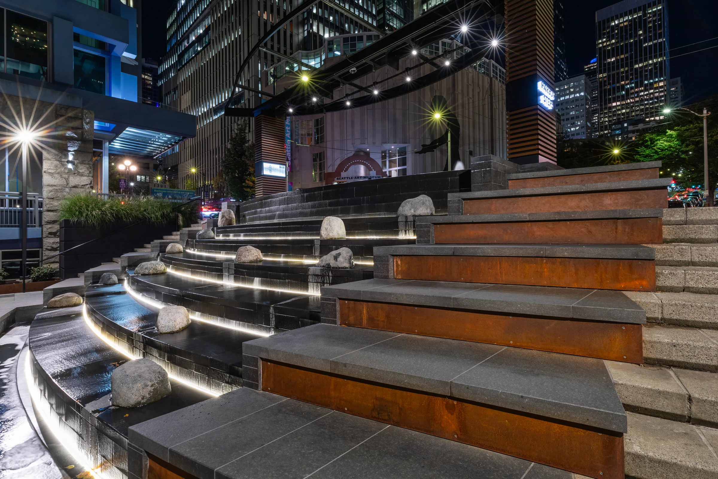The steps at night, lit treads and steel risers