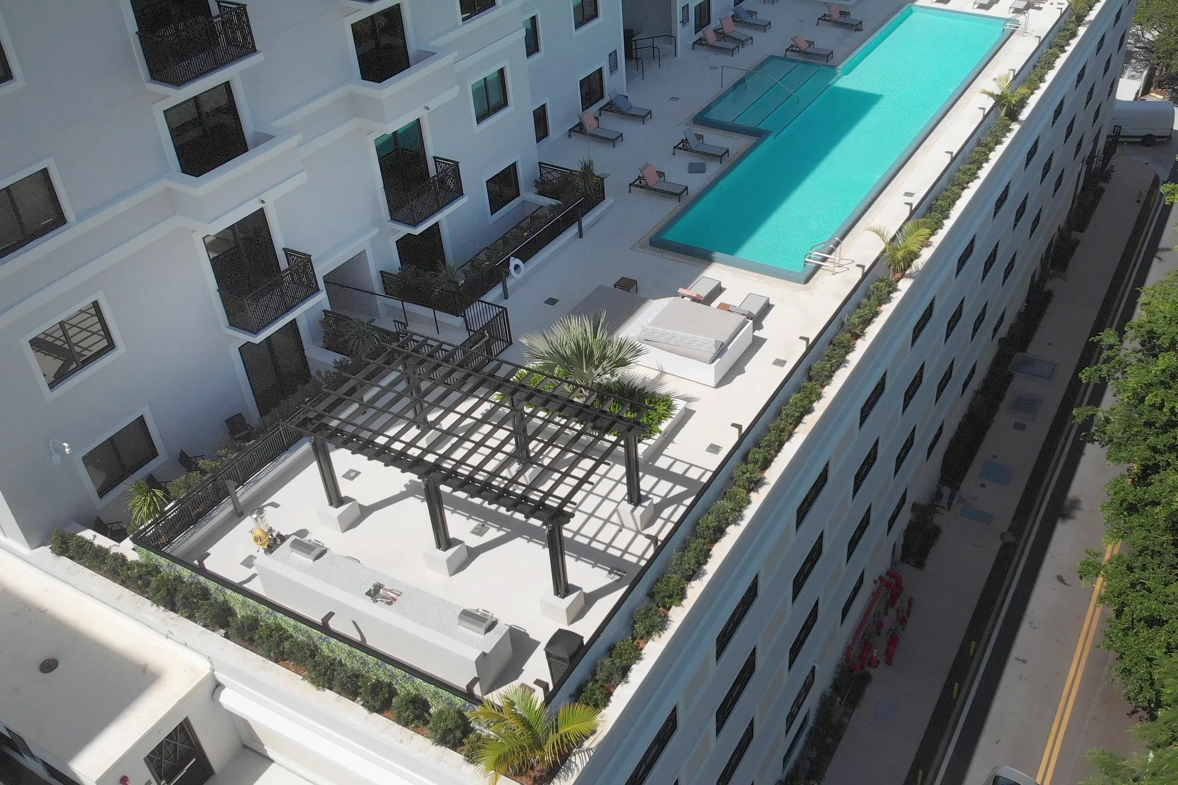 From above: the pergola, the pool and the courtyard