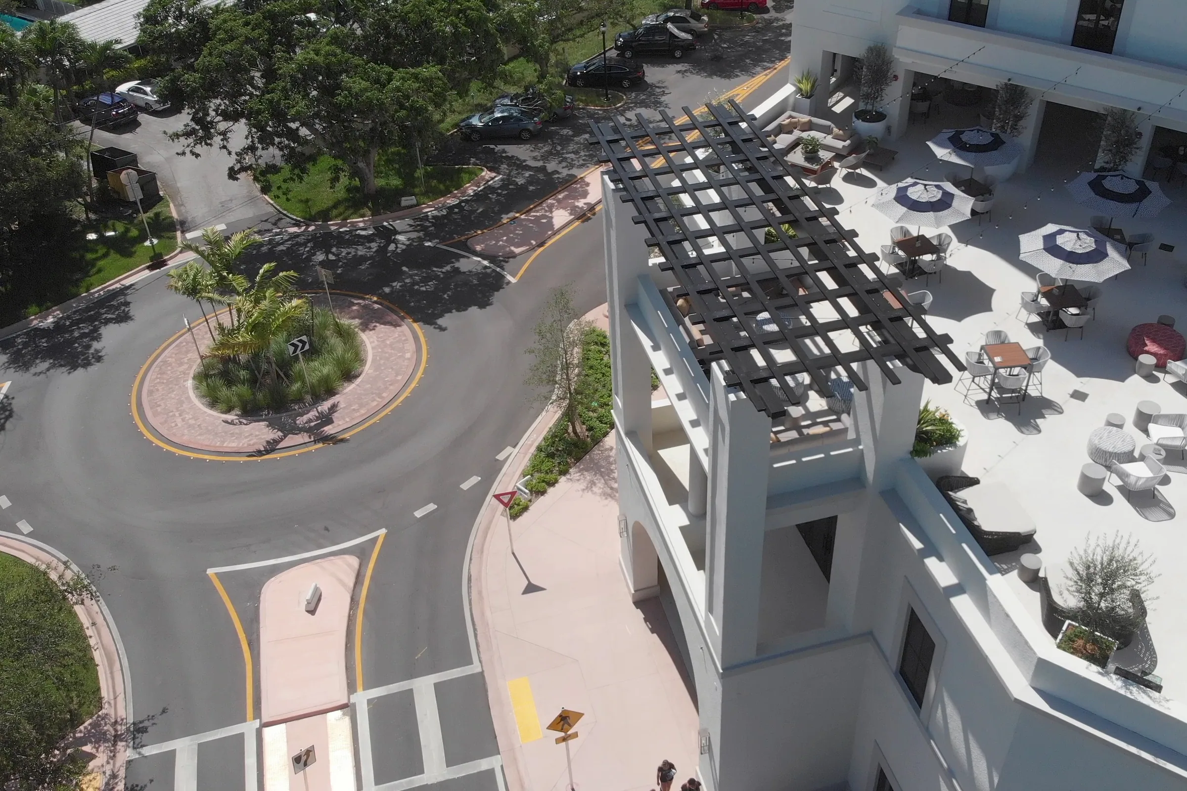 From above: the pergola beside a roundabout