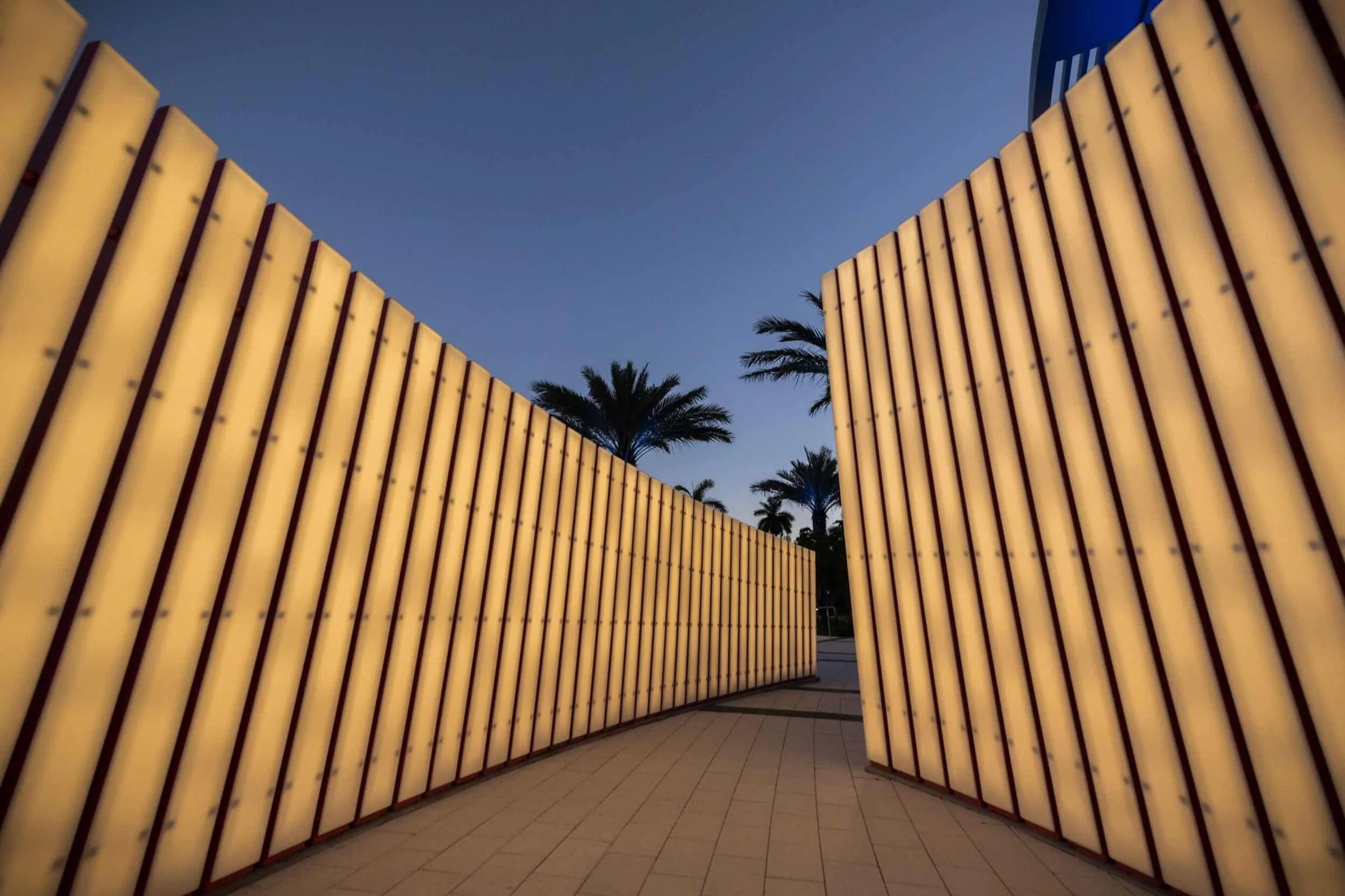 Between the two lit benches at blue hour, palms beyond