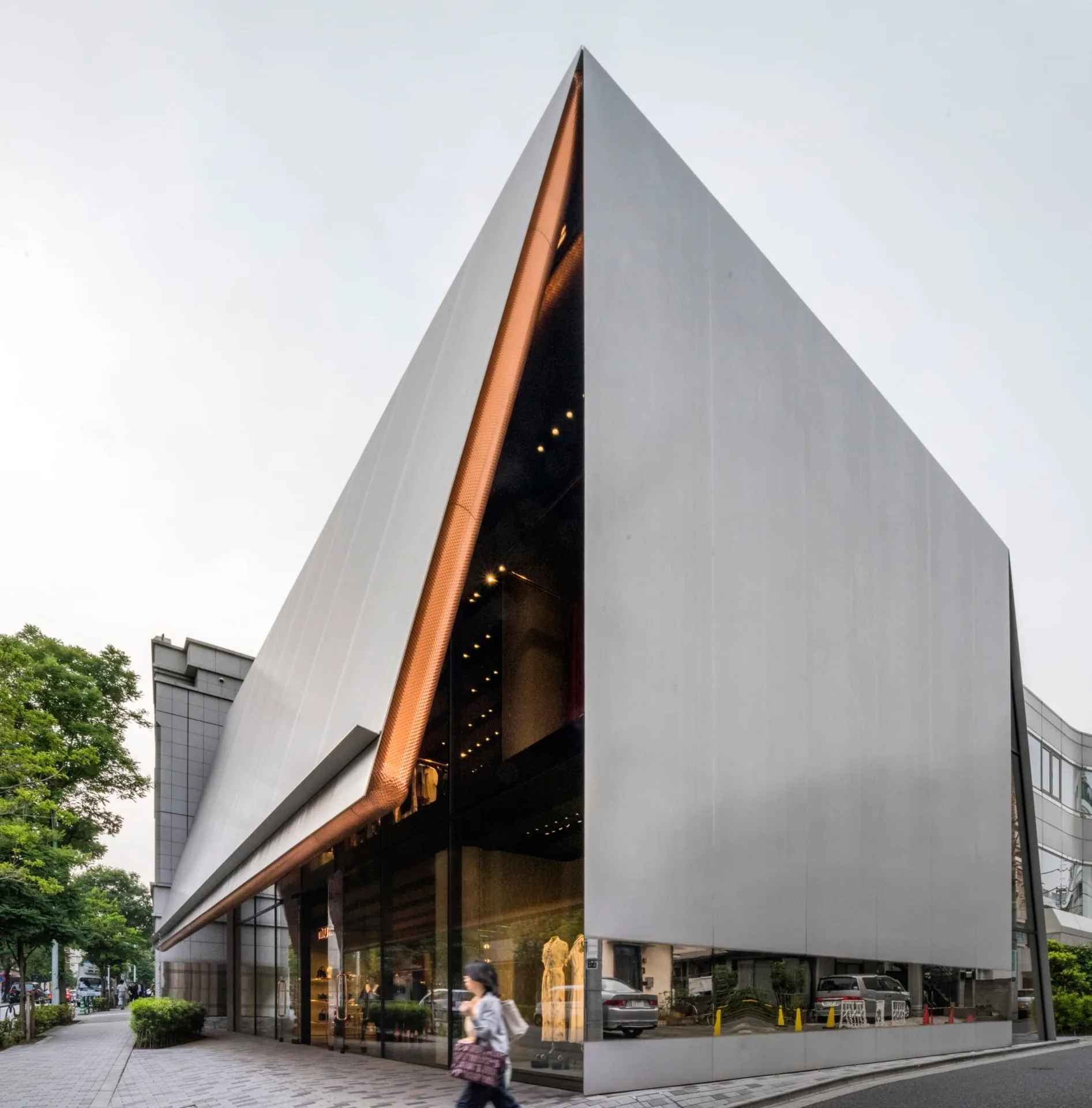 The store’s metal prow from down the street