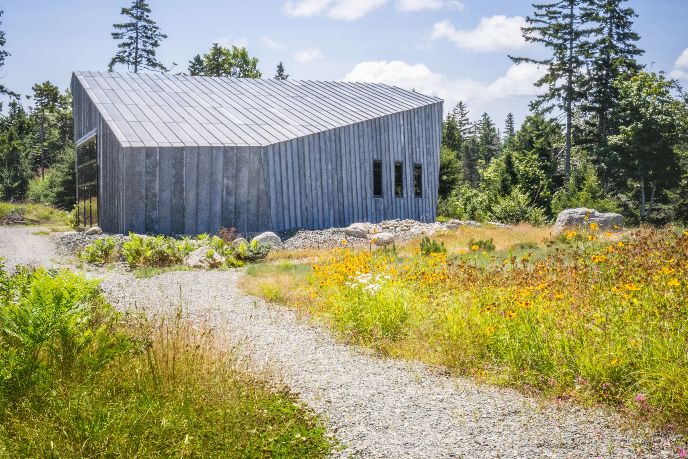 A gravel path through wildflowers to a low zinc building
