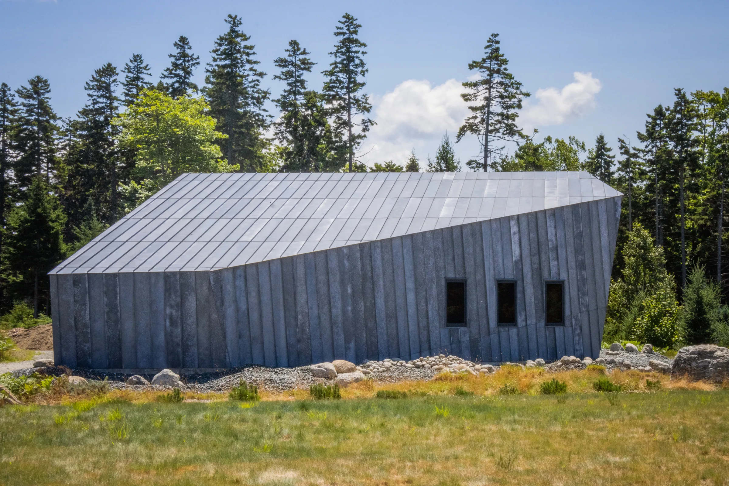 The sloping zinc roof of a building among spruce trees