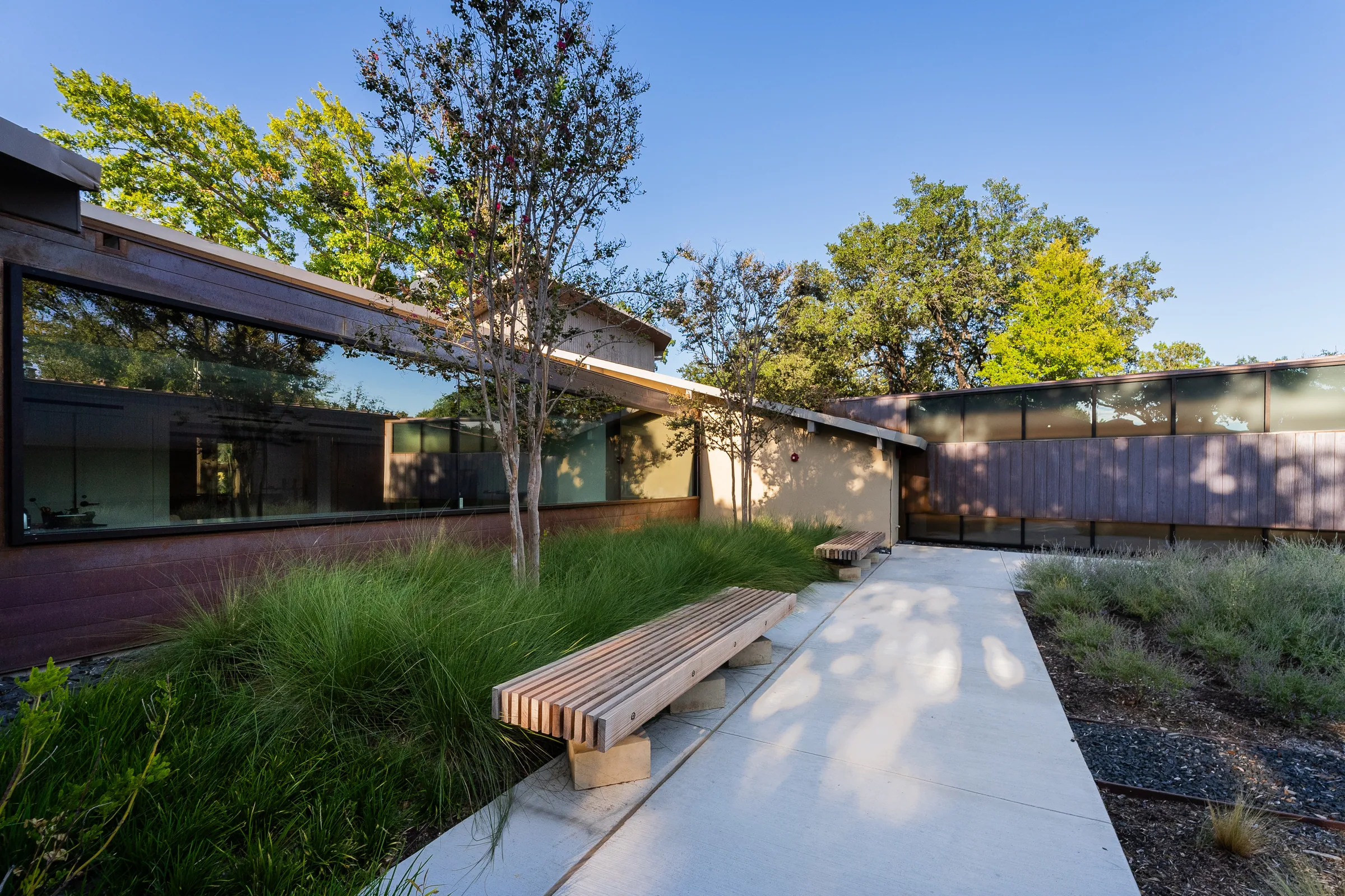 A bench by a path through the planted courtyard, copper walls around