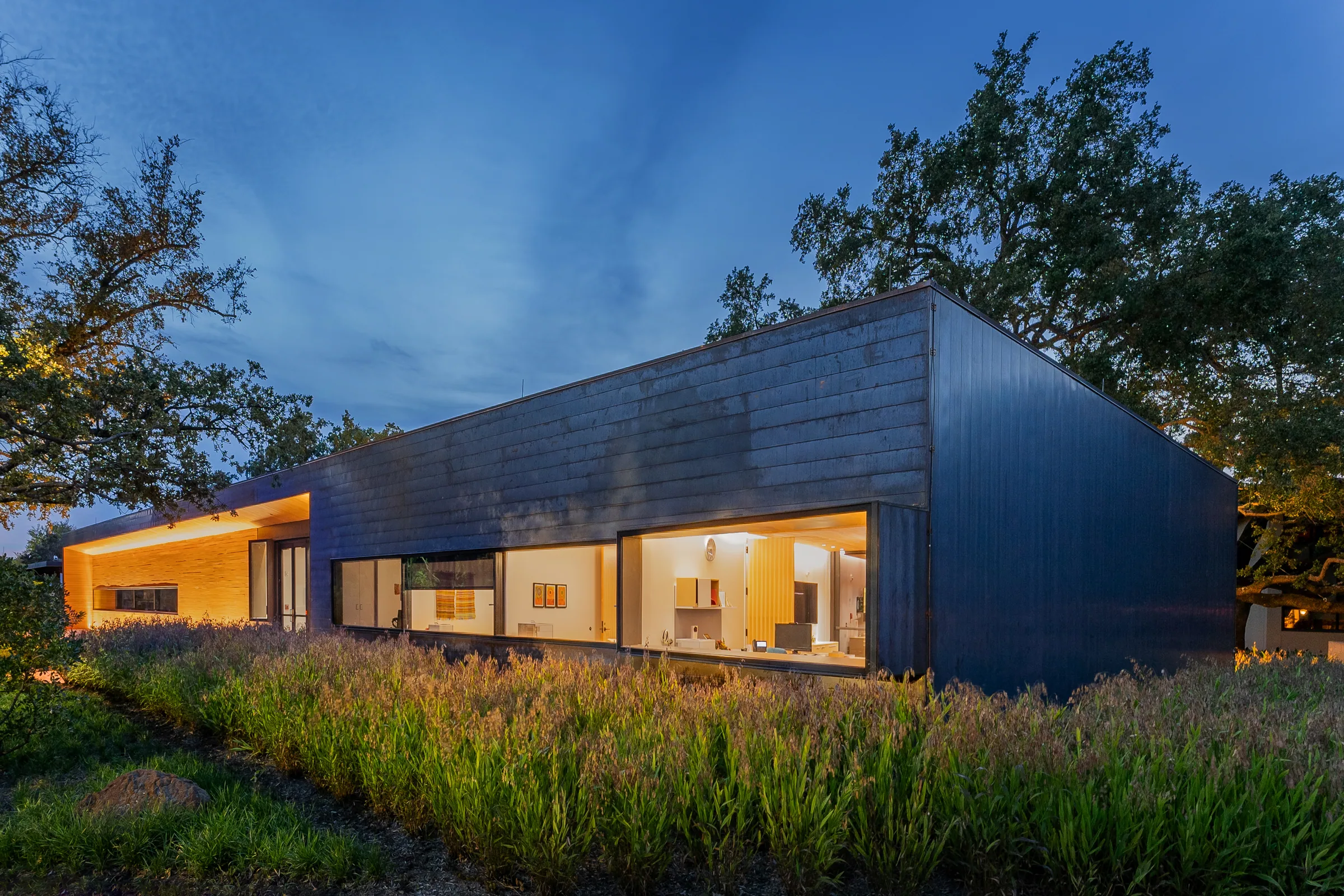Dark copper walls and lit windows behind tall grasses at dusk