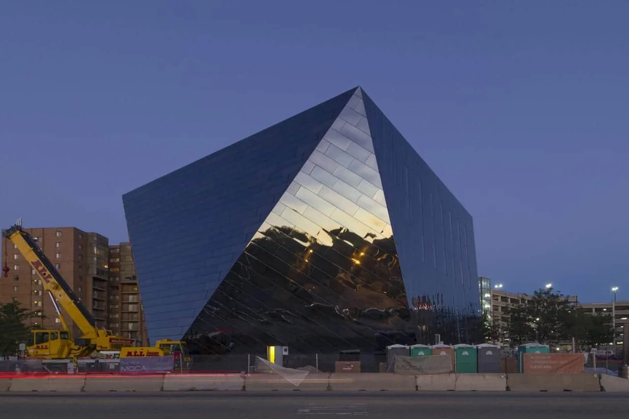 MOCA Cleveland’s faceted black form at dusk