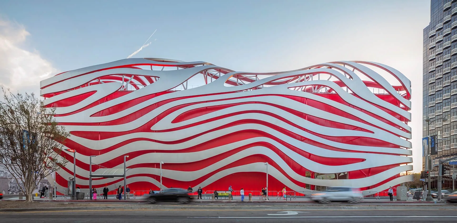 The museum wrapped in stainless steel ribbons from across the street