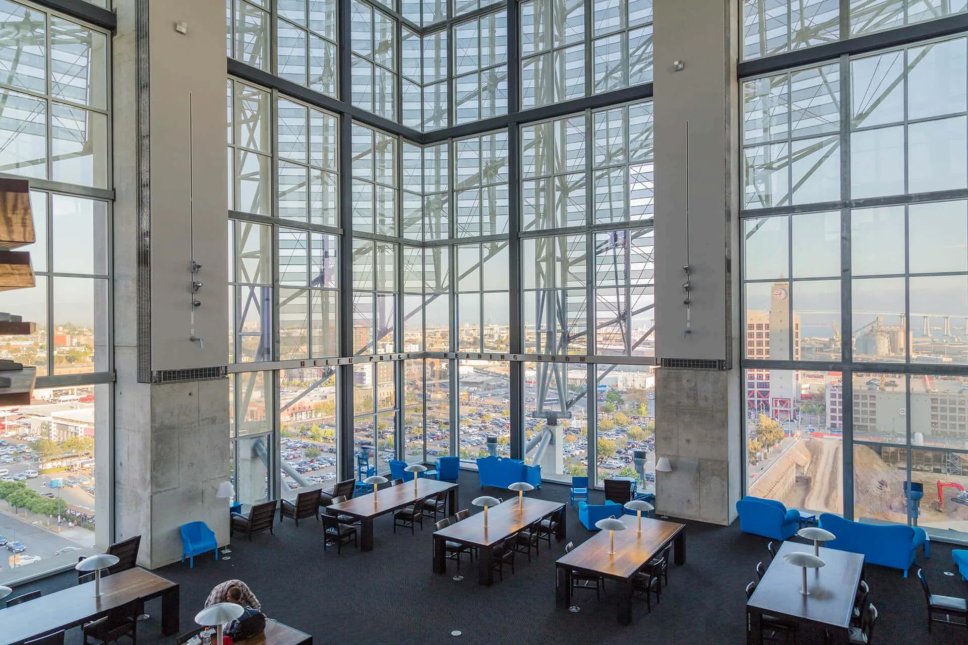 Reading tables in the tall glass atrium