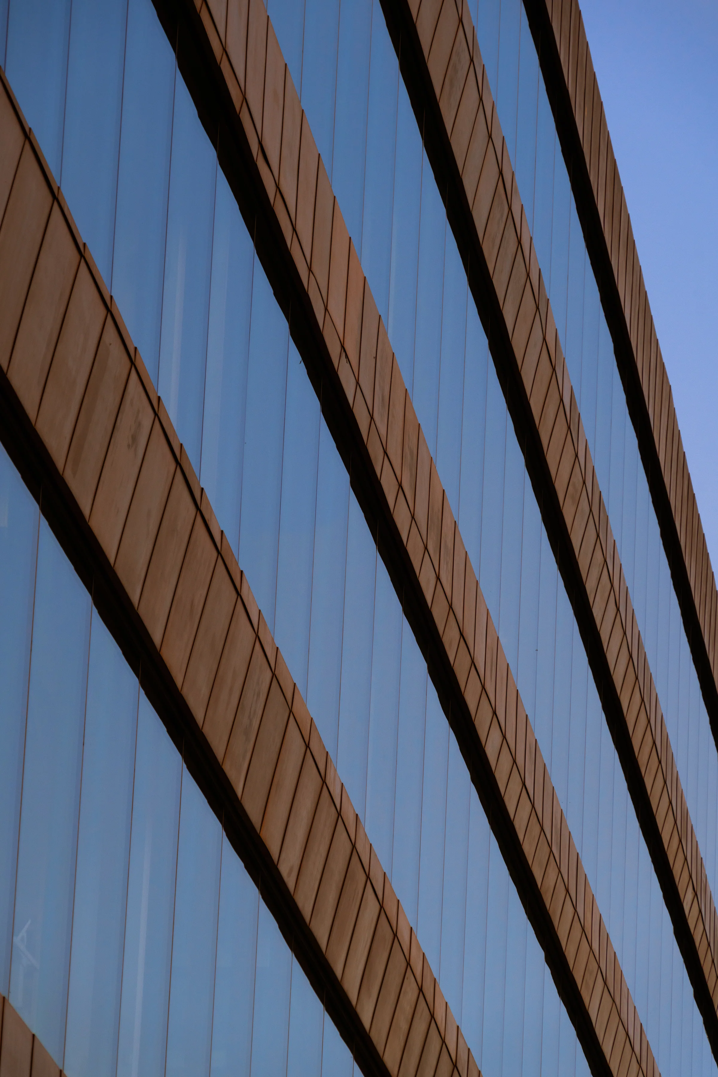 Diagonal copper bands rising up the glass