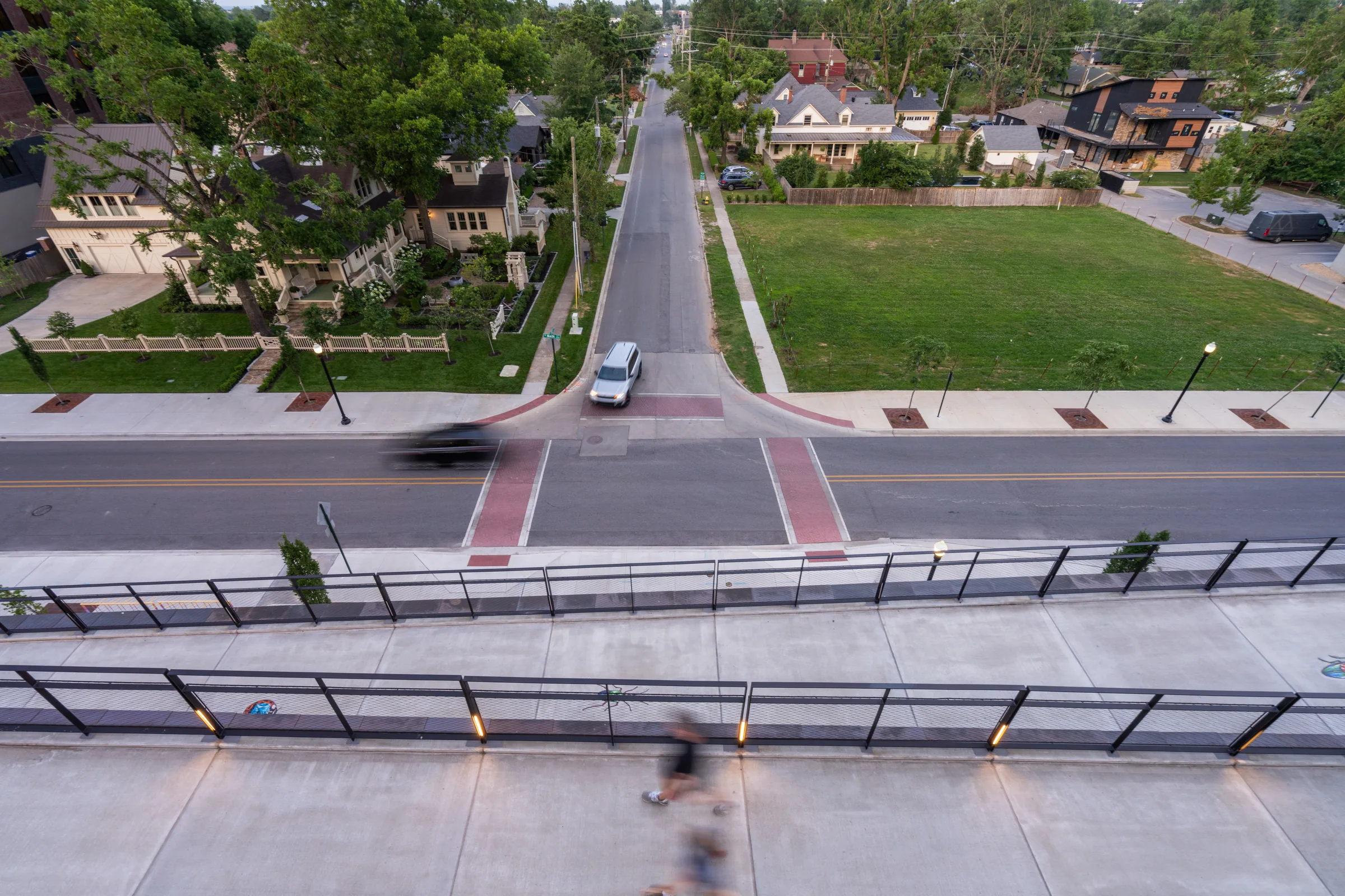 Looking down from the ramp to the street crossing
