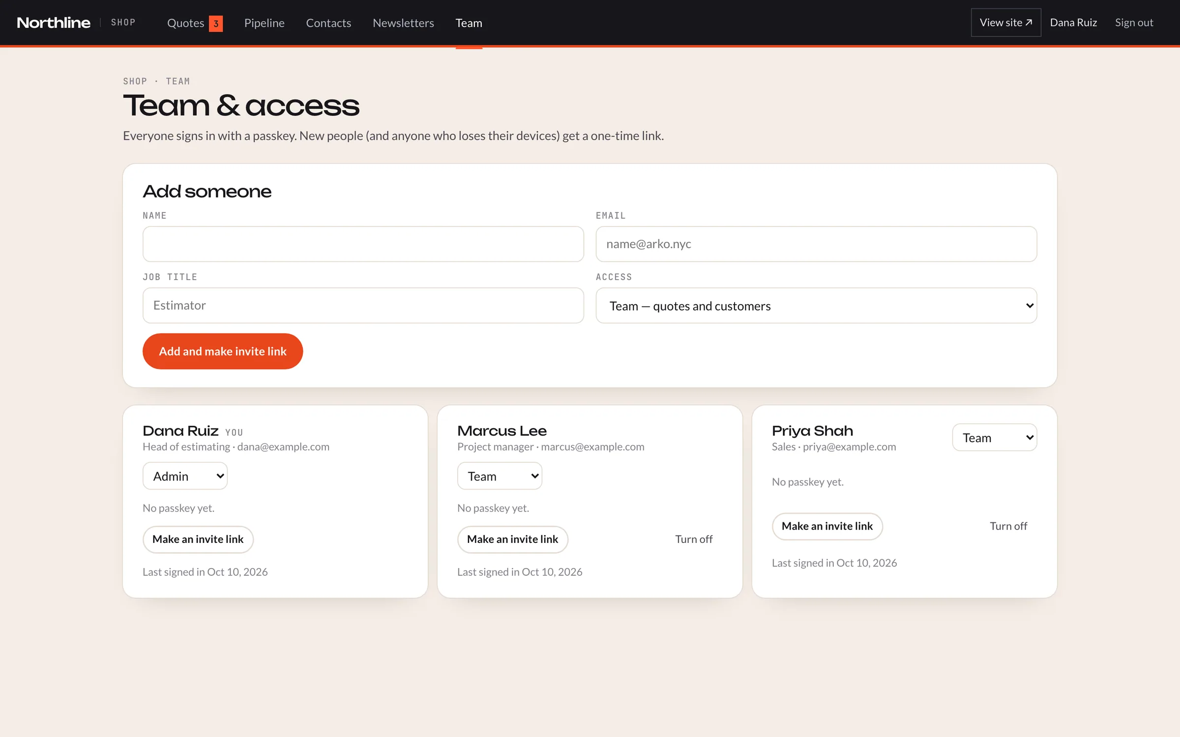 Team & passkeys, with demo data